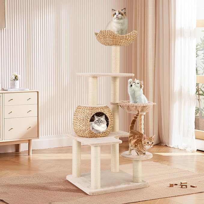PETSITE 59 inch Cattail Cat Tree Tower, Multi-Level Cat Tower with Natural Sisal Scratching Posts, Condo, Basket, Top Perch and Jumping Platforms, Modern Tall Cat Tree for Indoor Cats-Mewly Pet