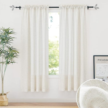 RYB HOME Semi Sheer Curtains, Extra 66 inches Widith Thick Linen Burlap Rod Pocket Machine Washable Privacy Assured for Living Room Bedroom, W 66 x L 84 inches, Linen, 2 Panels