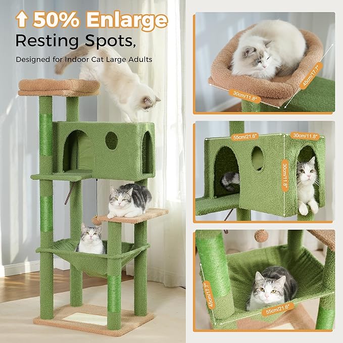 54” Cat Tree for Large Cats Big Cat Tower with Enlarged Hammock 21.6x17.7” Spacious Cats Condo House, Roomy Top Bed,Multiple Scratch Posts and Pad for Indoor Adult Cats (Green, Large-54)-Mewly Pet