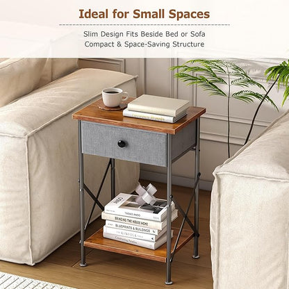 VECELO Nightstand with Drawer, Set of 2, Small Bedside Table with Storage and Adjustable Metal Legs, Wood End Table for Bedroom or Living Room, Perfect for Small Spaces and Modern Décor, Retro Brown