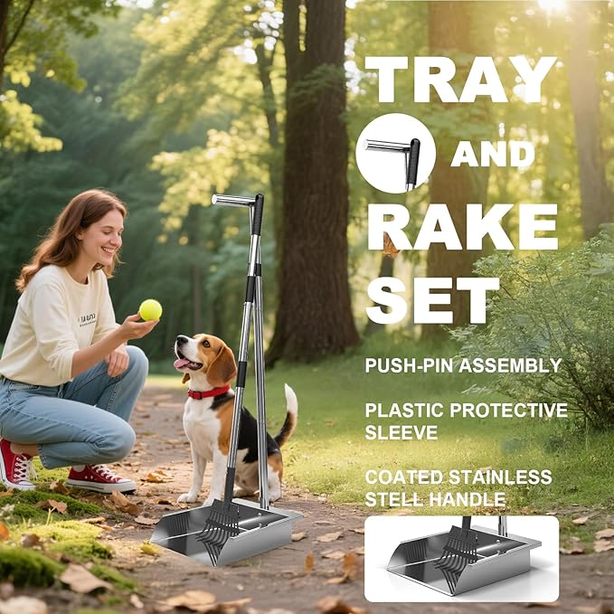 Heavy Duty Metal Pooper Scooper, Dog Pooper Scooper for Large Medium Dogs Long Handle Stainless Tray and Rake Set，Extremely Durable Metal Stainless Steel Dustpan for Indoor Outdoor Cleaning 。-Mewly Pet