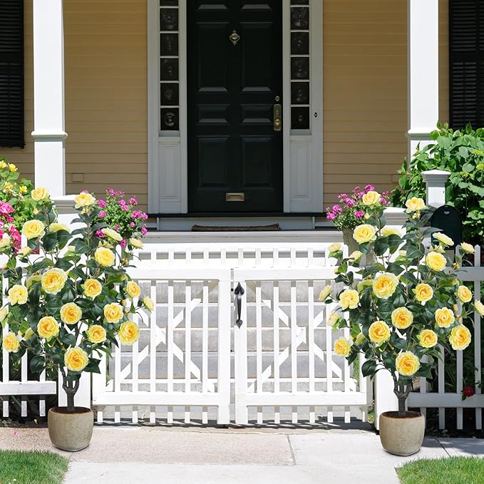3.6FT Artificial Camellia Fake Tree, Artificial Plants & Flowers with 32 Yellow Flowers for Door Front Decoration Porch Patio Living Room Office Indoor Outdoor Decoration (Contains Dried Moss)