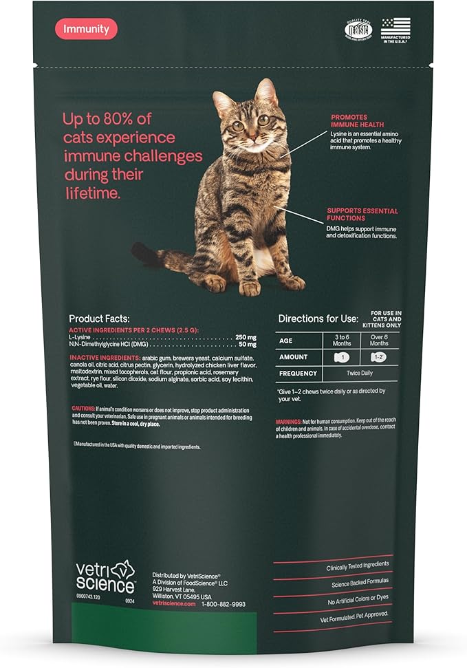 VetriScience Lysine Immunity Health Chews, 250 mg Lysine Plus Immune Supplement for Cats and Kittens with Allergies, Sneezing, Runny Nose and Watery Eyes, Chicken, 120 Count-Mewly Pet