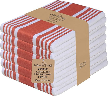 Urban Villa Kitchen Towels 100% Cotton Pack of 6 Highly Absorbent Quick Drying Soft Premium Dish Towels for Kitchen with Hanging Loop Thanksgiving Fall TeaTowels - 20x30 Inch (Rust & White Striped)