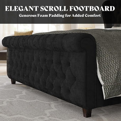 AMERLIFE California King Size Platform Bed Frame, Velvet Upholstered Sleigh Bed with Scroll Wingback Headboard & Footboard/Button Tufted/No Box Spring Required/Black