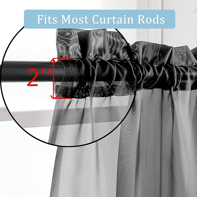 OWENIE Short Sheer Curtains 24 Inches Long 2 Panels for Bathroom Window, Rod Pocket Light Filtering Sheer Tier Curtains for Small Kitchen Laundry Room, RV, Camper Travel Trailers, 42 W x 24 L, Black