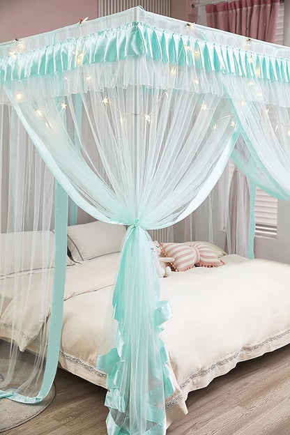 Mengersi 4 Corners Post Canopy Bed Curtains for Girls,Bed Canopy Royal Luxurious Cozy Drape Netting - Cute Princess Bedroom Decoration Accessories (Twin, Sky Blue)