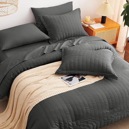 CozyLux Oversized Queen Comforter Set Dark Grey Seersucker 7 Pieces 98x98 Bed in a Bag Comforter Set with Sheets, Luxury Soft Bedding Sets with Down Alternative Comforter, Sheets, Pillowcases & Shams