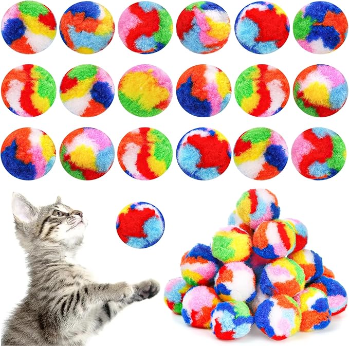 Nicunom 60 PCS Cat Pom Pom Balls, 1.7Inch Rainbow Cat Toy Balls, Soft Plush Cat Ball Fuzzy Kitty Balls Colorful Kitten Puff Balls Cat Chase Ball for Kitten Pet Interactive Playing Exercising-Mewly Pet