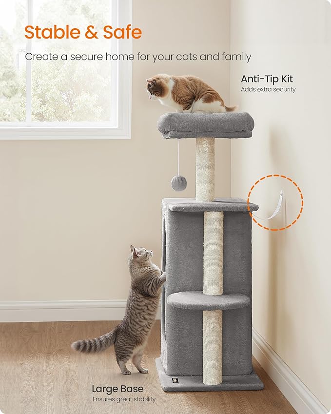 Feandrea Cat Tree Tower with 2 Caves for Multi-Cat Households, Kittens, Scratching Posts, Light Gray UPCT005G01-Mewly Pet