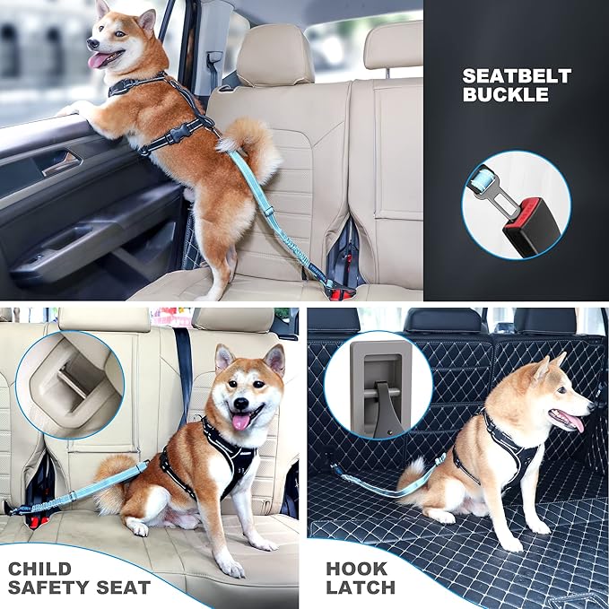 Dog Seat Belt 3-in-1 Car Harness for Dogs Adjustable Safety Seatbelt for Car Nylon Reflective Bungee Fabric Dog Car Harness with Clip Hook Latch & Buckle, Swivel Zinc Alloy Carabiner (Light Blue)-Mewly Pet