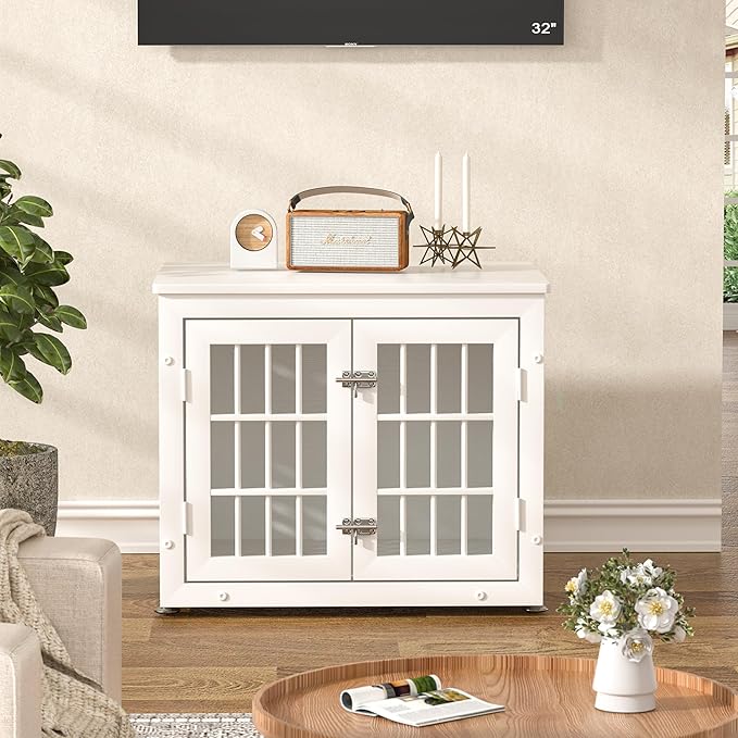 26" Heavy Duty Dog Crate Furniture for Small Dogs, Metal Kennel for High Anxiety Dogs, Chew Proof Pet Cage Indoor, Decorative Kennel End Table, White-Mewly Pet