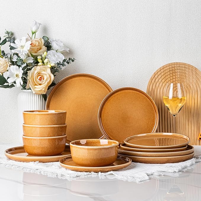 GBHOME Ceramic Dinnerware Sets for 4, 12 Pieces Stoneware Plates and Bowls Sets, Scratch Resistant Dishes, Dishwasher & Microwave Safe, Reactive Glaze-Amber-Mewly Pet