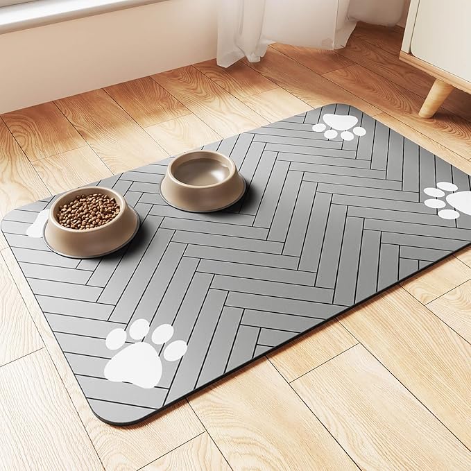 Pet Feeding Mat-Absorbent Pet Placemat for Food and Water Bowl, with Waterproof Rubber Backing, Quick Dry Water Dispenser Mat for Dog and Cat (16"x24", Striped Light Gray)-Mewly Pet