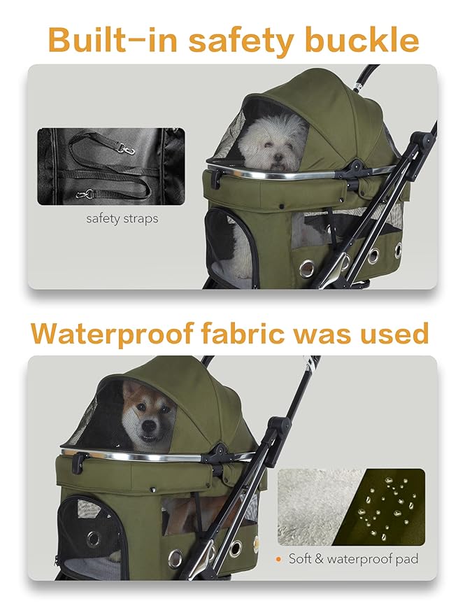 JK Pawadore 4 Wheels Pet Stroller Best Lightweight Foldable Portable Secure Easy Lock NO-Zip 180 ̊ Canopy Sun Shades Waterproof for Small/Medium Dogs 33lbs with Large Storage Basket (Army Green)-Mewly Pet