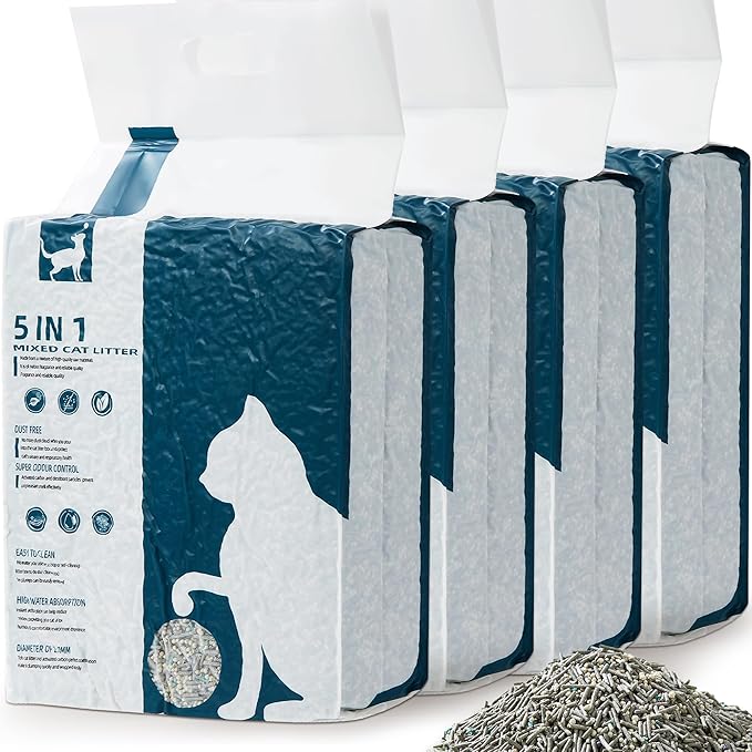 Vealind Cat Litter Fast Clumping Tofu Cats Litter, Flushable Ultra Absorbent 5 in 1 Dust-Free Flushable Odor Free Activiated Carbon Litter Pellets Unscented (4 PACK-32 Pounds)-Mewly Pet