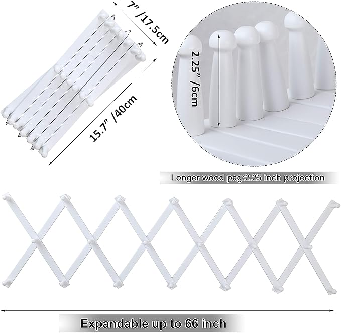 WEBI Accordion Wall Hanger,Expandable Wooden Coat Rack,Accordion Hat Rack for Wall,Accordion Hook Rack for Hats,Caps,20 Peg Hooks,White,2 Packs