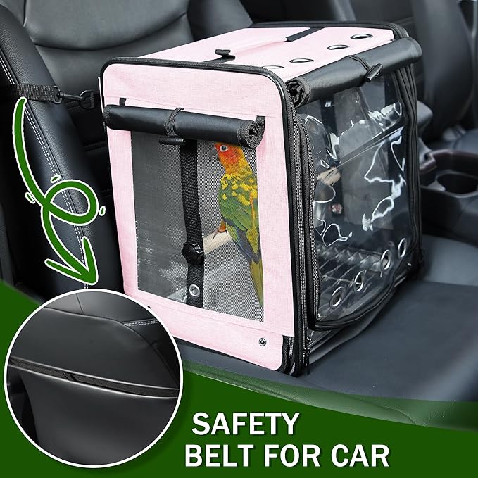 Suertree Bird Carrier with Seat Belt for Car Travel, Bird Backpack Carrier with Indestructible Stainless Steel Mesh, Large Bird Carrier Travel Cage, Pink-Mewly Pet