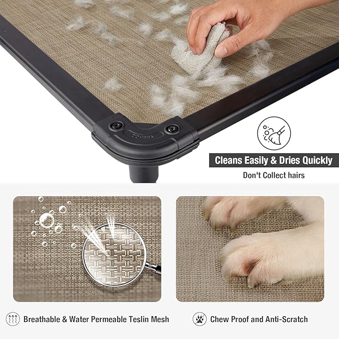 Veehoo Chew Proof Elevated Dog Bed - Cooling Raised Pet Cot - Rustless Aluminum Frame and Durable Textilene Mesh, Unique Designed No-Slip Feet for Indoor or Outdoor Use, Beige Coffee, Medium-Mewly Pet