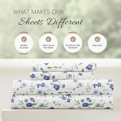 Linen Market Double-Brushed Patterned Microfiber Full Sheet Set 4 Piece – Oeko-TEX Certified Ultra Soft & Wrinkle-Free - 16" Deep Pocket Sheets - Easy Care Full Size - Blossoms Light Blue