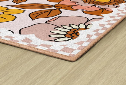 Flagship Carpets Schoolgirl Style Retro Floral Educational Area Rug for Kids Room Seating Décor, Children's Classroom, Play Carpet for Teaching and Playroom, 7'6 "x 12' Pink