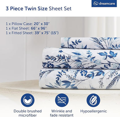 DREAMCARE Twin Size Sheets - Cooling Bed Sheets - Twin Sheet Set - Soft & Long Lasting 100% Fine Brushed Floral Blue Sheets