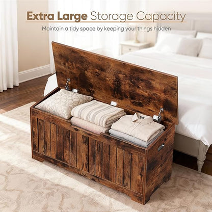 Wooden Storage Chest Box with Flip-top Lid & Safety Hinge, 39.4 Inch Living Room Organizer, Bedroom Bench, Rustic Brown