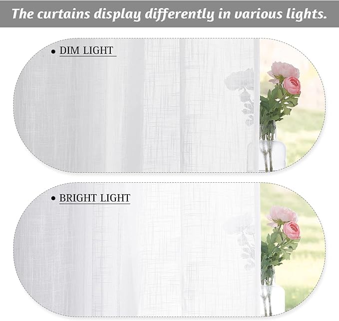 RYB HOME White Sheer Curtains for Kitchen, Light Filtering Textured Short Durability Drapes for Small Window, Curtain Tiers for Bathroom, W 42 x L 45 inches, 2 Panels Set