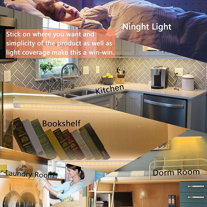 JUSJUBR 12-Inch Slim LED Under Cabinet Light with Memory Function, Warm White 3000K Dimmable USB Light Bar for Rooms