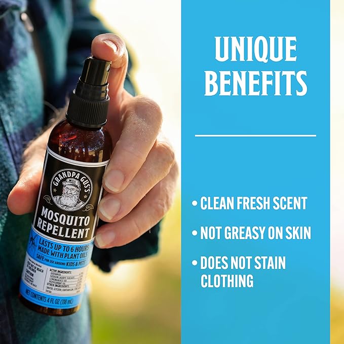 Grandpa Gus's Natural Mosquito Repellent Spray, Time-Release Plant-Based Actives, Non-Greasy, No Stains, DEET-Free, 4 oz (Pack of 2)-Mewly Pet