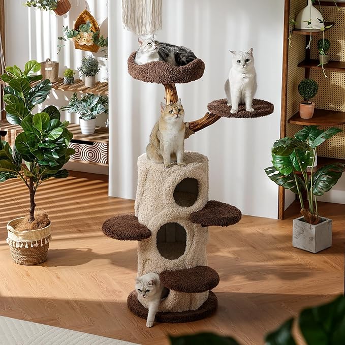 54.7'' Tall Modern Wood Cat Tree with 3 Level House, Luxury Cat Tower for Home Decoration, Large Cat Condo for Multi-Cat Families-Mewly Pet