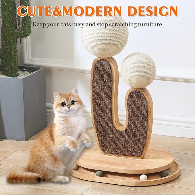 Cactus-Shaped Cat Scratching Post with Cat Scratcher, Interactive Toy Balls, Handmade with Natural Materials, Cute Cat Scratching Post, Easy-to-Clean Cat Furniture-Mewly Pet