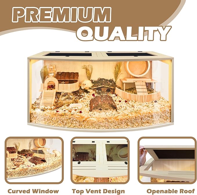 Prolee Hamster Cage Chew Proof Wood, Hamsters Enclosure Openable Top with Curved Design,Waterproof Small Animals Cage with Acrylic Sheets for Gerbils,Hamster Habitat(32 Inches)-Mewly Pet
