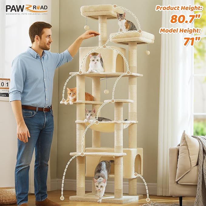 PAWZ Road Heavy Duty Cat Tree for Large Cats, 81 Inches Tall Cat Tower with 2 Perches, 2 Condos and Spacious Hammock, XL Extra Large Condo with 7 Scratching Posts for 20lb+ Adult Cats,Beige-Mewly Pet