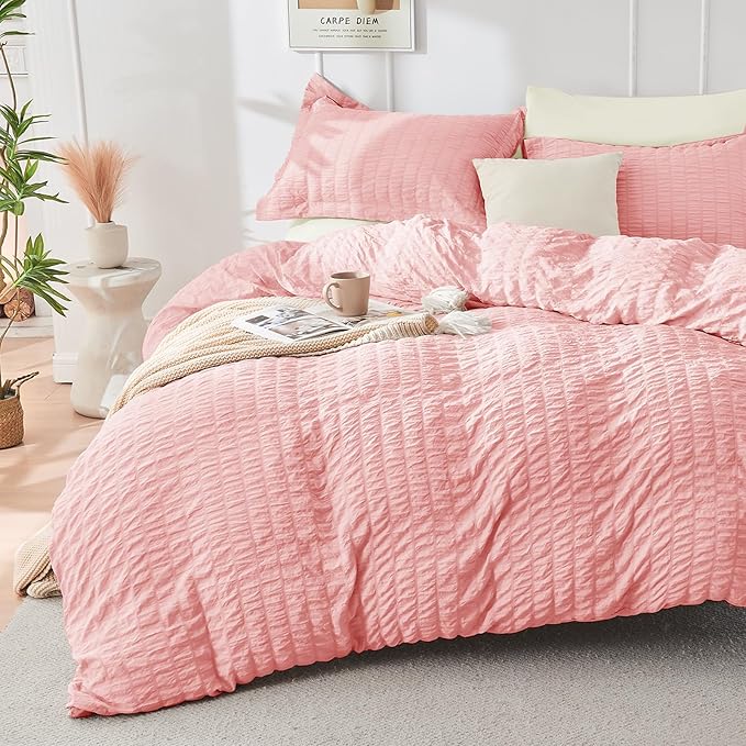 HYMOKEGE Pink/Ivory Full Size Comforter Sets Seersucker 7 Pieces, All Season Luxury Bed in a Bag for Bedroom, Bedding Set with Comforter, Sheets, Pillowcases & Shams