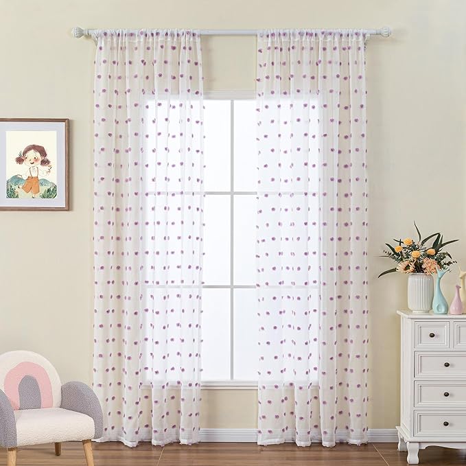 MYSKY HOME 72 Inch Long Purple Pom Pom White Sheer Curtains for Bedroom Nursery Curtains for Baby Room Door Curtains for Doorway 2 Panels Light Filtering Rod Pocket Semi Window Drapes 52 x 72 inch