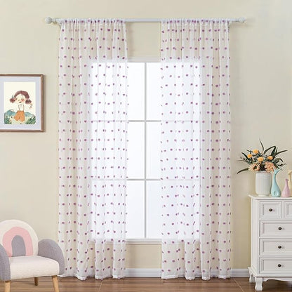 MYSKY HOME Purple Curtains for Girls Bedroom 90 Inch Long White Sheer Curtains with Lilac Pom Pom for Living Room Nursery Curtains 2 Panels Light Filtering Rod Pocket Semi Window Drapes 52 x 90 inch