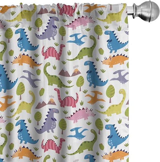 Ambesonne Dino Window Curtains, Cartoon Style Colorful Dinosaurs T-Rex Triceratops Prehistoric Reptile Wildlife, Lightweight Decor 2-Panel Set with Rod Pocket, Pair of - 28" x 95", Blue Green