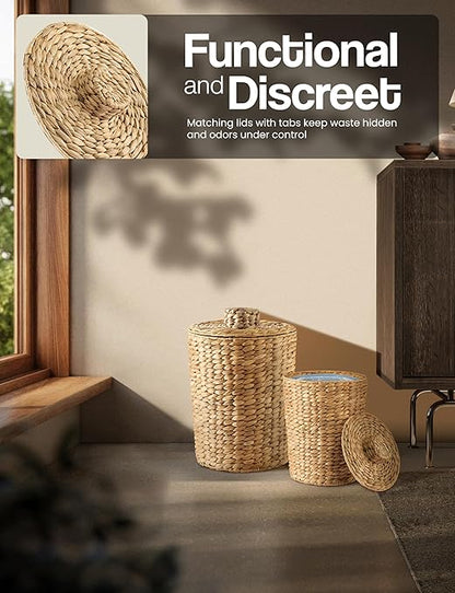 Set of 2 Wicker Trash Can with Lid - Water Hyacinth Wicker Waste Basket for Bathroom - Bathroom Garbage Can with a Lid - 2 Gallon & 4 Gallon Decorative Rattan Trash Can with Removable Liner