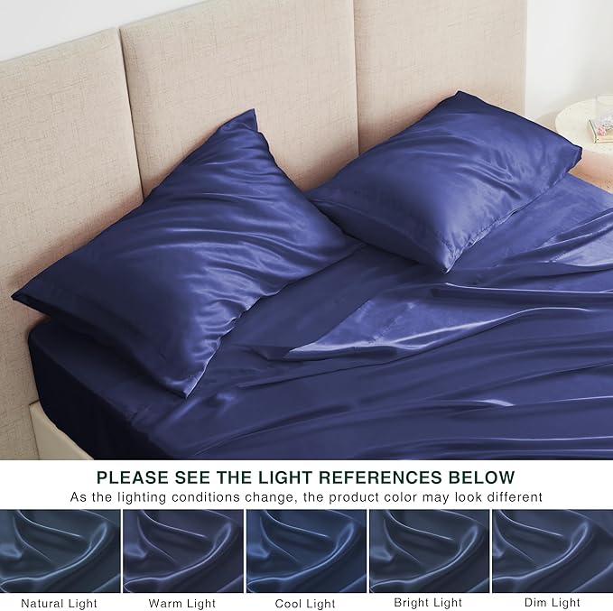 Love's cabin Full Size Satin Sheet Sets - 4 Piece Navy Blue Silky Sheet Set Full with Deep Pocket, Luxury Silk Feel Satin Bed Sheets Full Bedding Set (1 Flat Sheet,1 Fitted Sheet,2 Pillow Cases)