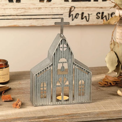 Church Shaped Tea Light Candle Holder Farmhouse Galvanized Metal Candle Holder Vintage Decorative Tealight Holder for Table Centerpiece Decoration - 6.22" x 1.97" x 9.25"