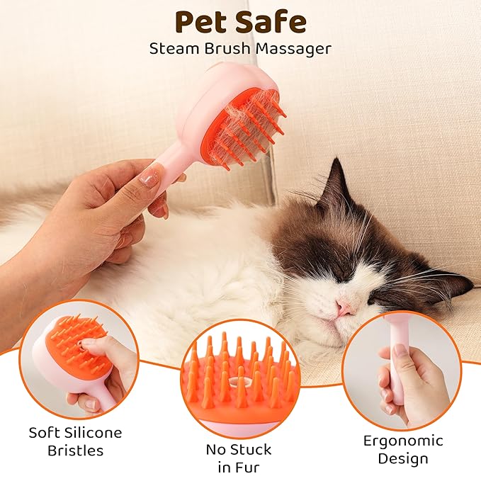 Steam Cat Brush, 6-in-1 Dog Brush Spritz Defur Comb, Steamy Skin Friendly Deshedding Grooming Tool, Suitable for Shedding & Haired Pets, Pet Supplies Accessories,Pink-Mewly Pet