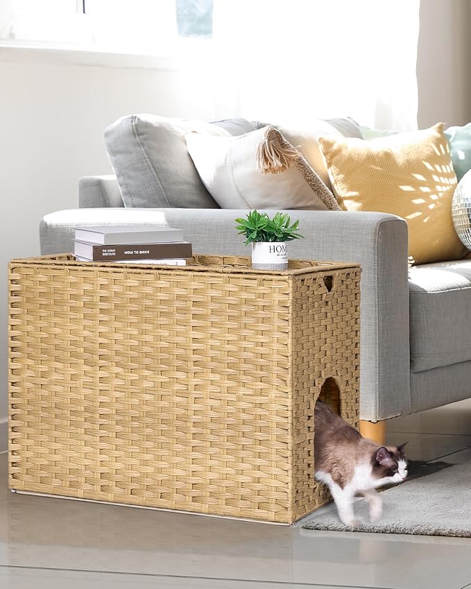 Cat Litter Box Enclosure with Litter Trapping Mat; Handwoven Plastic Rattan Cat House; No Installation Hidden Cat Washroom; Pet Crate for Balcony,Bedroom,Living Room-Mewly Pet