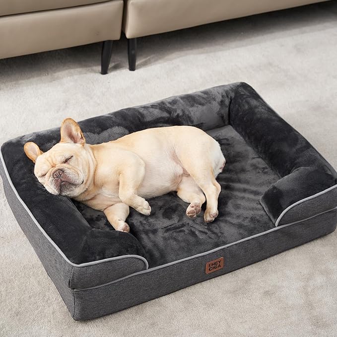 EHEYCIGA Orthopedic Dog Beds for Large Dogs, Waterproof Memory Foam Large Pet Bed with Sides, Non-Slip Bottom and Egg-Crate Foam Dog Couch Bed with Washable Removable Cover, Dark Grey-Mewly Pet