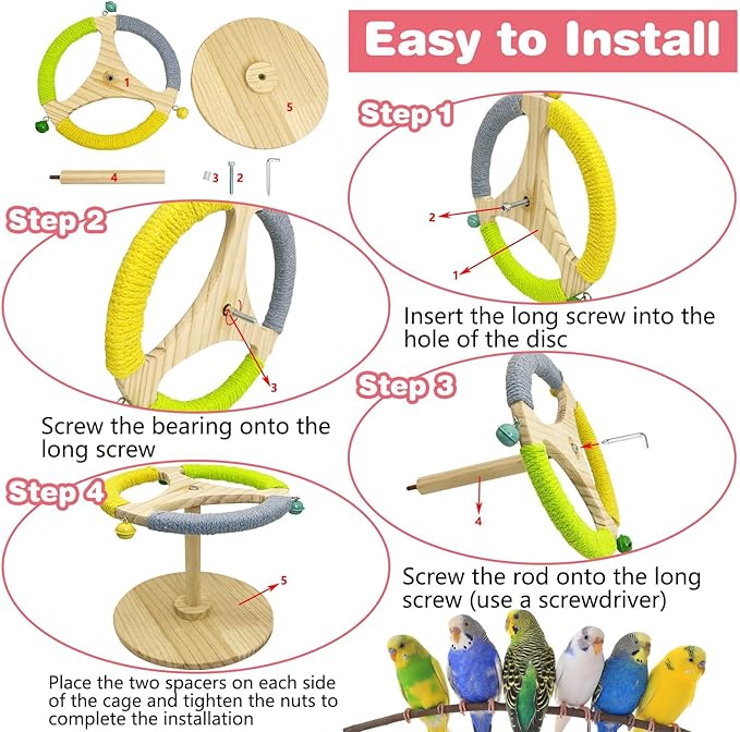 PINVNBY Bird Stand Perch Toy Wooden Spinning Parrot Perch with Cotton Rope and Bell Interactive Cockatiel Toy Bird Cage Accessories for Parakeets Conures Budgies Finches Lovebirds-Mewly Pet