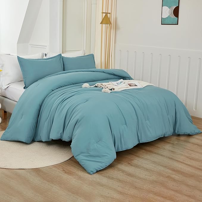 Litanika Oversized King Comforters Grayish Teal Super King Size, 3 Pieces Lightweight Solid Bedding Comforter Set, All Season Fluffy Bed Set (120x120In Comforter & 2 Pillowcases)