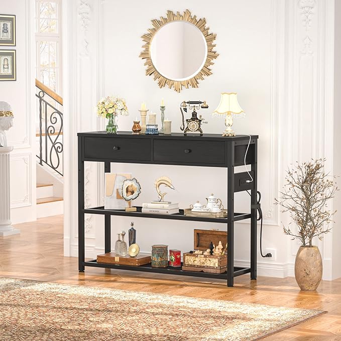 Ecoprsio Entryway Table with Outlets and USB Ports, Console Table with 2 Drawers, Small Sofa Table with Storage Shelves for Living Room, Couch, Hallway, Foyer, Kitchen Counter, 32'', Black