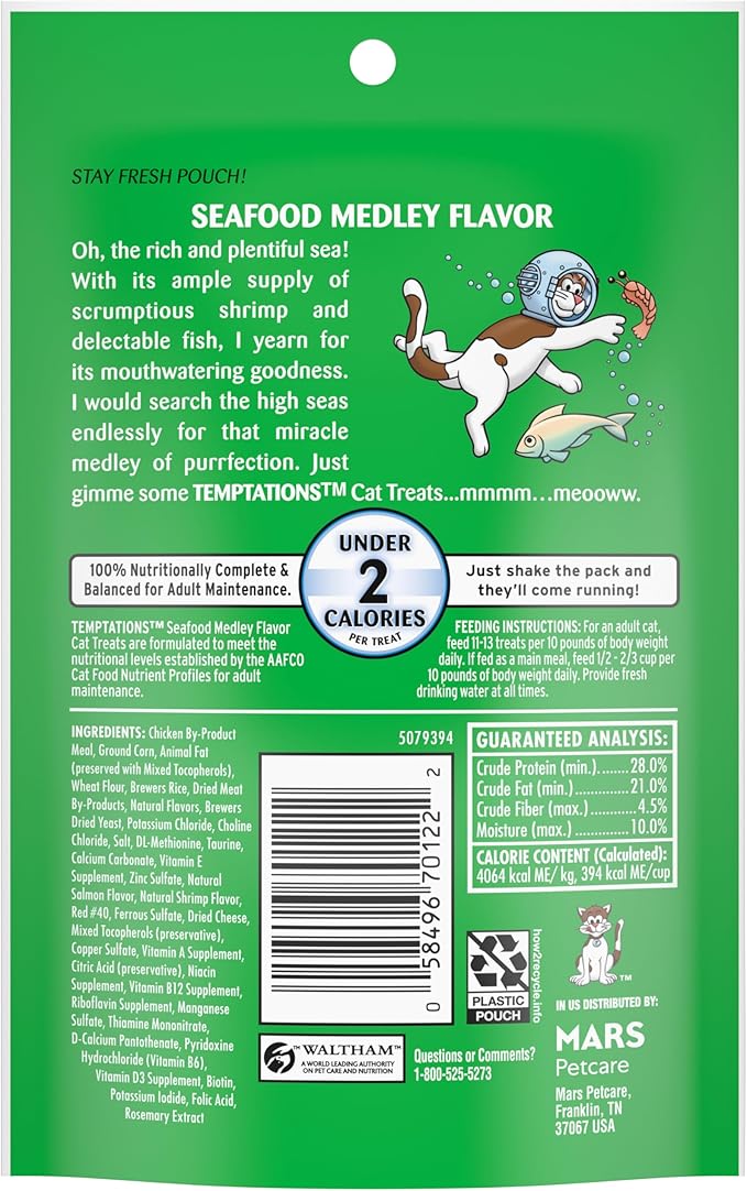 Temptations Classic Crunchy and Soft Cat Treats, Seafood Medley Flavor, 3 oz. Pouch (Pack of 12)-Mewly Pet