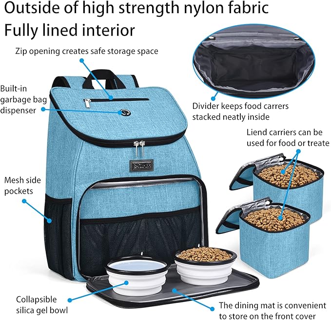 BAGLHER丨Dog Travel Bag, Airline Approved Pet Supplies Backpack, Dog Travel Backpack with 2 Silicone Collapsible Bowls and 2 Food Baskets-Mewly Pet