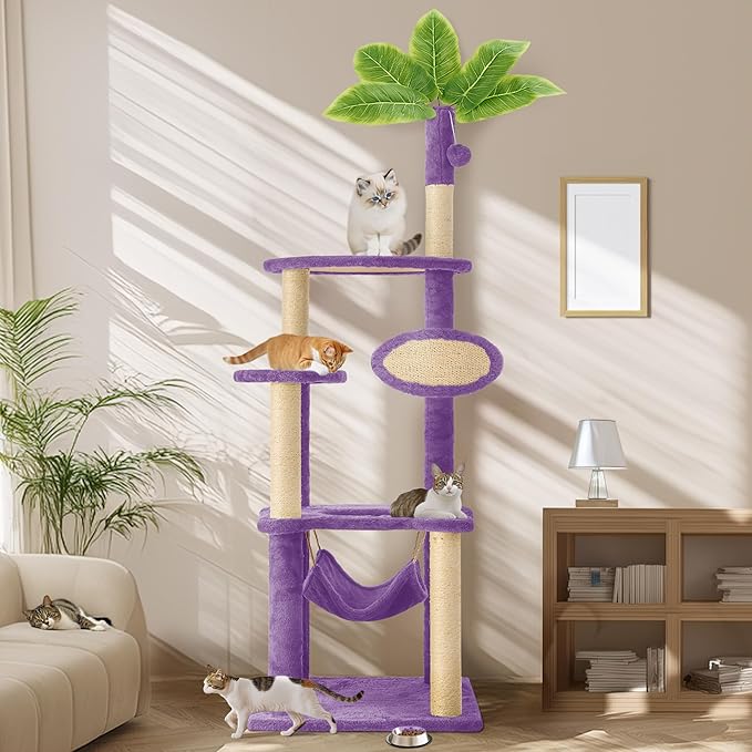 55 Inch Large Cat Tree Tower for Indoor Cats with Hammock Green Leaves Sisal Scratching Post, Plush Hang Ball Play Furniture for Kittens & Adult Cats, New Purple-Mewly Pet